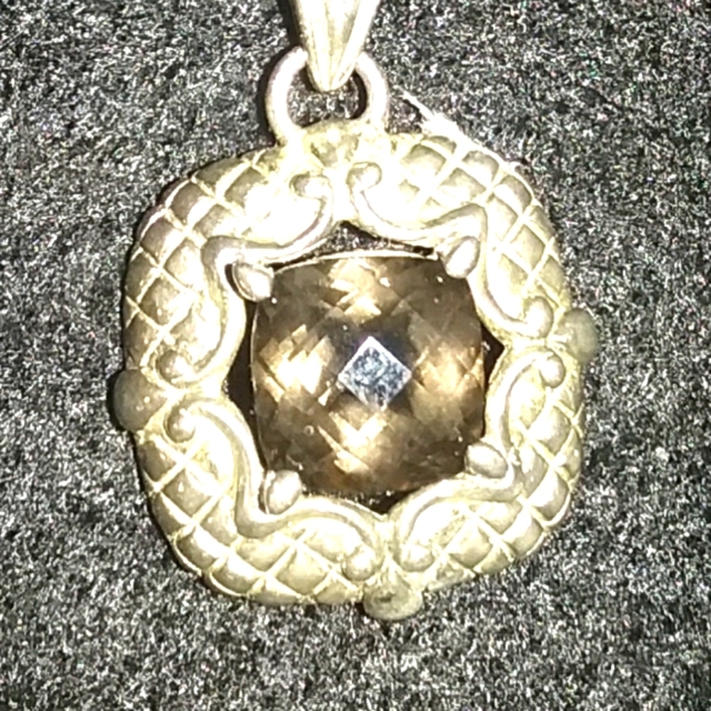 Genuine Smoky Quarts Centerpiece Stunning Cushion Cut .925 Stamped Necklace